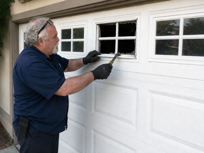 Garage door technician removing a garage door window insert before replacing broken window glass